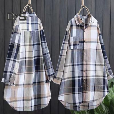 Women Shirt Lapel Long Sleeve Colorful Plaid Print Shirt with Pocket Loose Fit Mid-length Single-Breasted Shirt