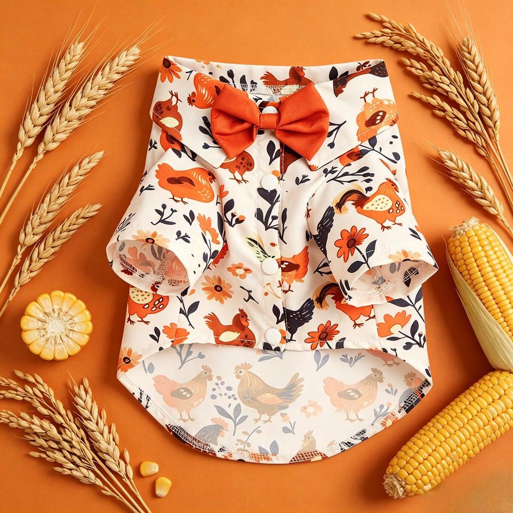 Fall Dog Shirt Chicken Print Pet Clothes with Bowtie Autumn Harvest Floral Puppy Thanksgiving Apparel for Small Medium Dogs Cats