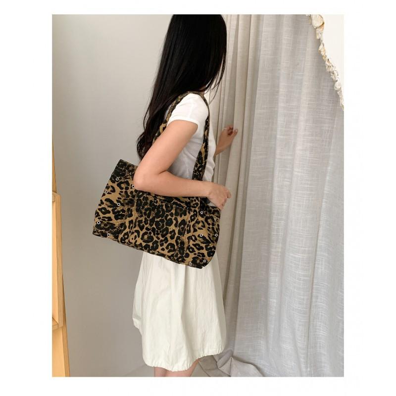 2025 Korean Cross-border Retro Leopard Print Canvas Bag Niche All-matching Large-capacity Casual Single-shoulder Tote