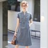 Bailuyu Women's V-Neck A-Line Denim Dress with Adjustable Short Sleeves