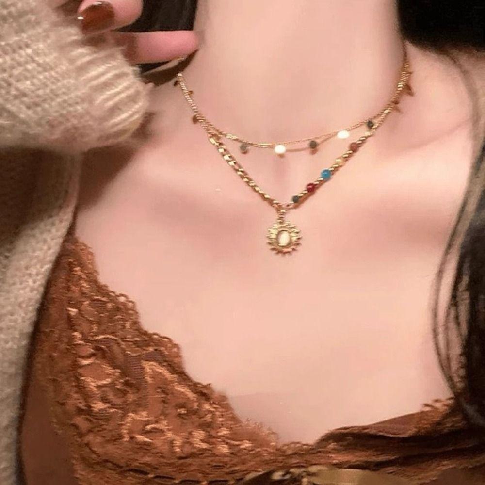 Bohemian Glass Bead Necklace Zinc Zinc Alloy Clavicle Chain Simple Retro Sun Pendant  Necklace  Women