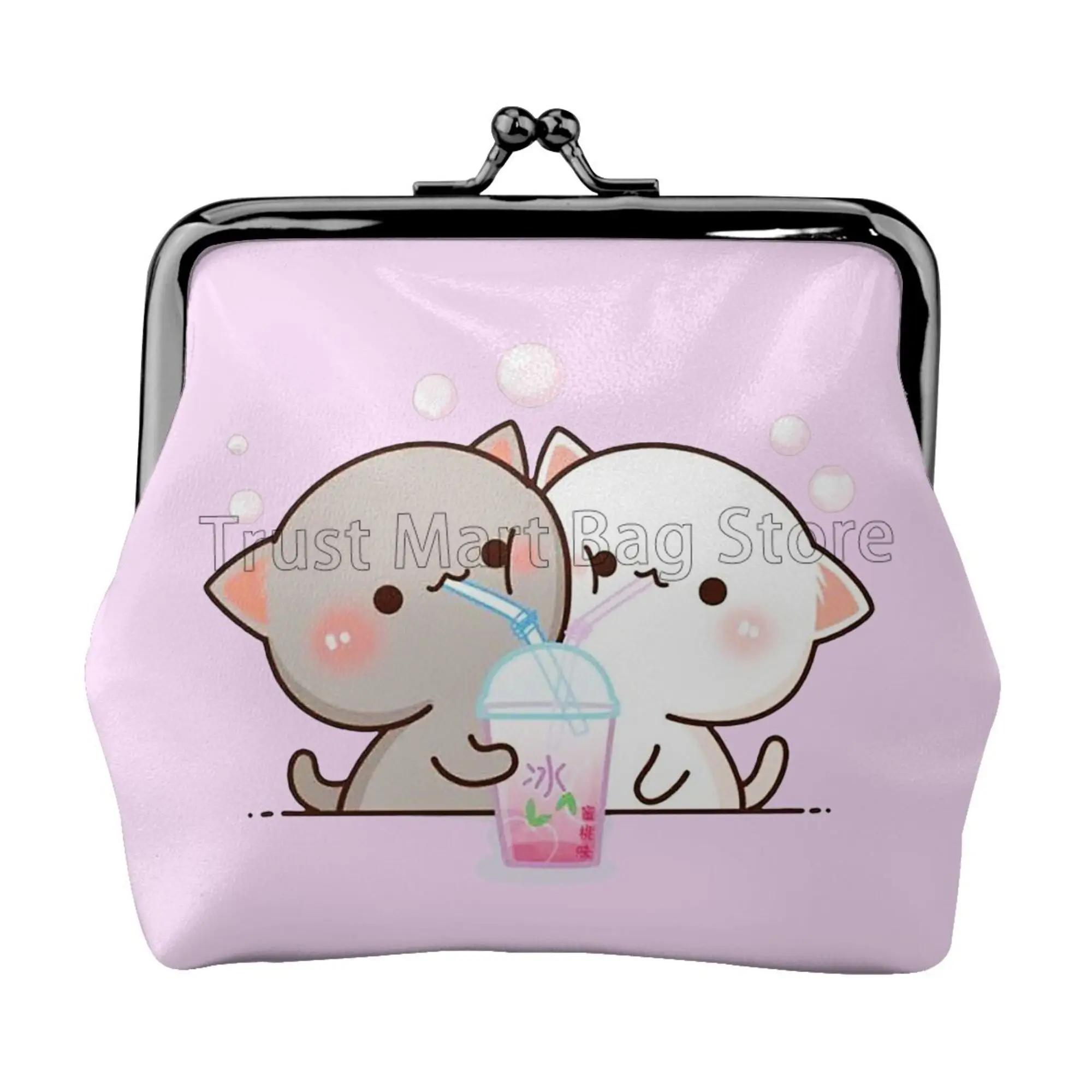

Peach and Goma Mochi Cat Love Print Leather Coin Purse Cute Wallet Closure Buckle Wallet Coin Pouch for Women Girls Friend Gift