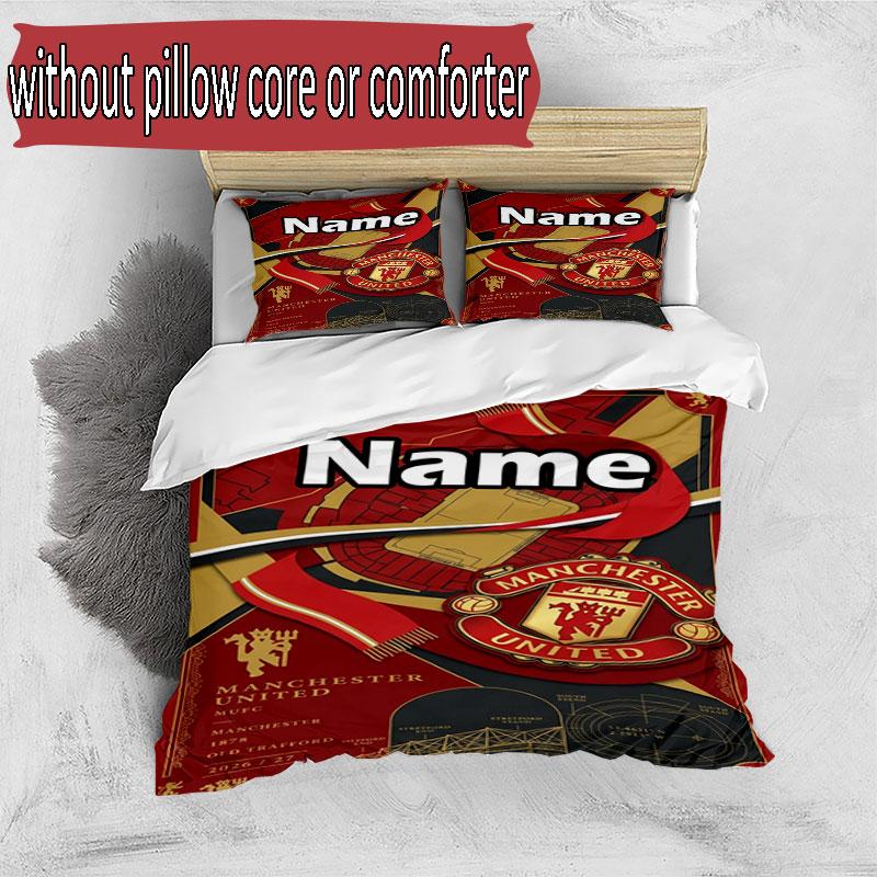 3pcs Duvet Cover Set (1*Duvet Cover + 2*Pillowcase, Without Core), Custom Name Manchester United Pattern Bedding Set, Home Bedroom Decor Gift