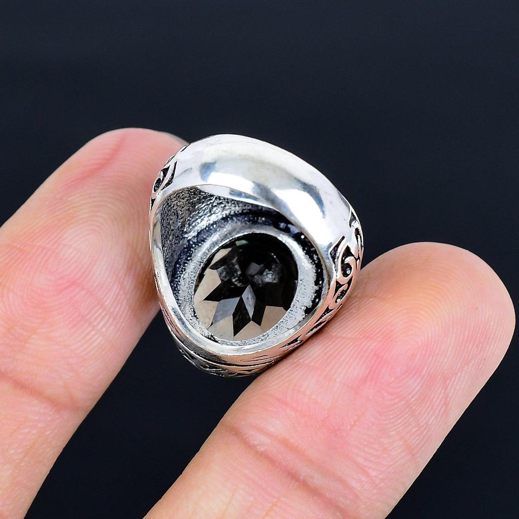 Vintage Men's 925 Sterling Silver Ring with Large Oval Smoky Quartz Gemstone Retro Filigree Carved Punk Style Jewelry