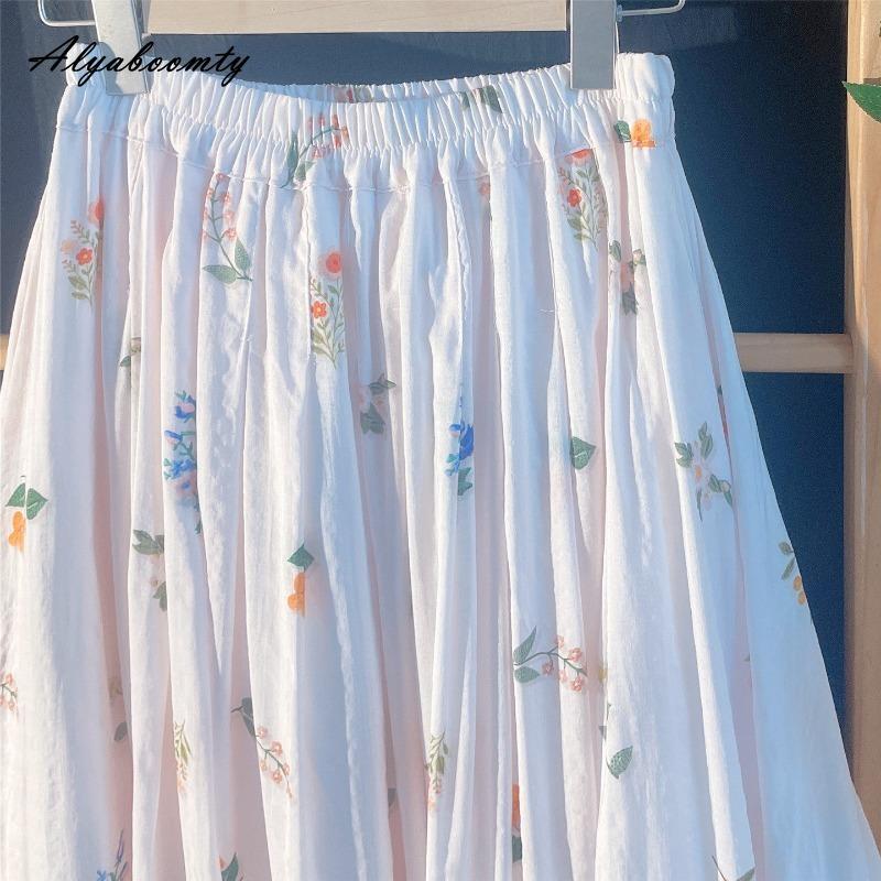 Prairie Chic Spring Summer Women Midi Skirt Elastic Waist Light Pink Floral Print A-Line Skirt Elegant Feminine Sweet Skirts Womens