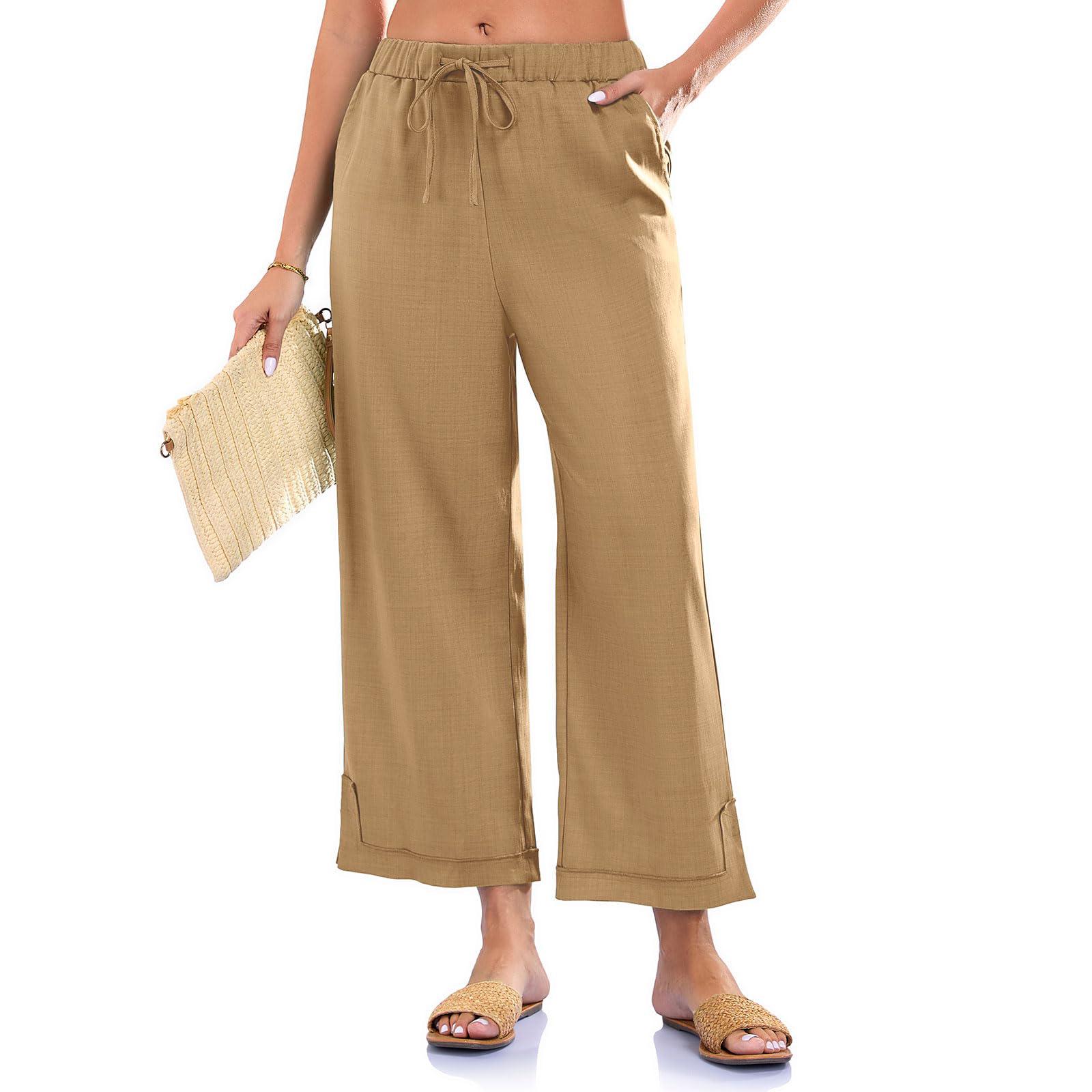 

Women Elastic High Waist Pant Casual Fit Wide Leg Long Pants Trousers With Pockets XXL хаки