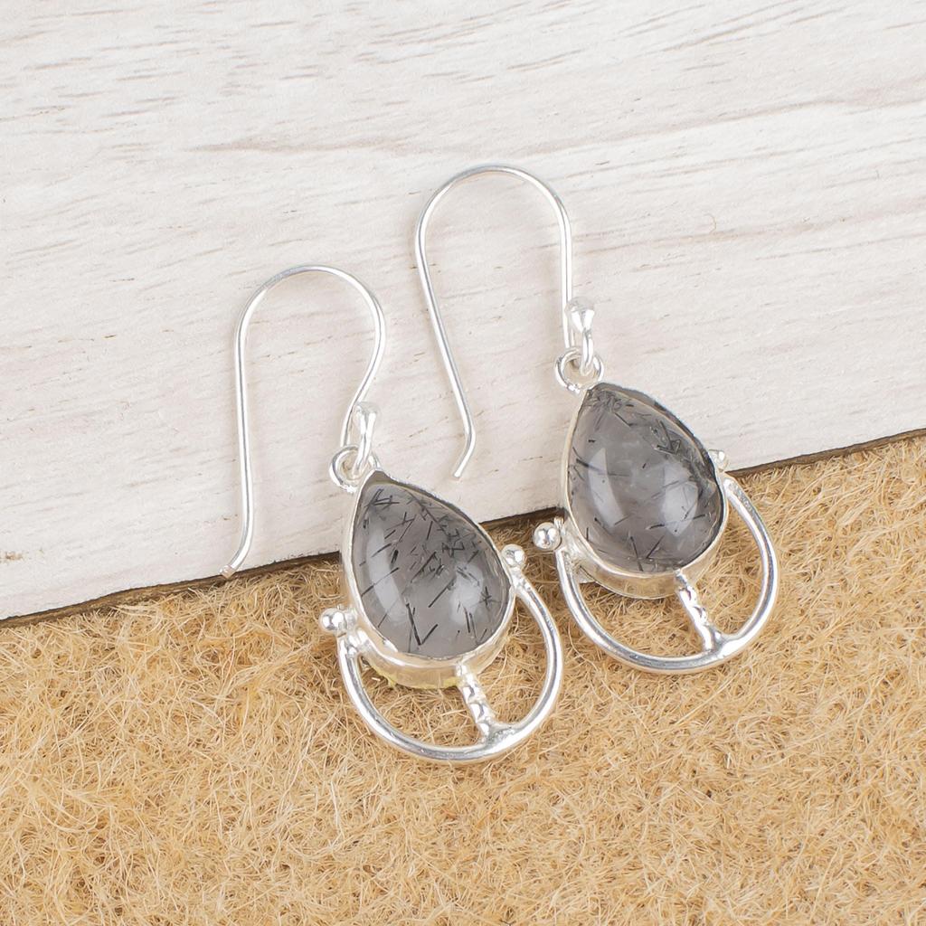 Natural Black Rutile Gemstone 925 Sterling Silver Handmade Dainty Earrings 1.60" Women's Jewelry Gift For Wife EE-47-23