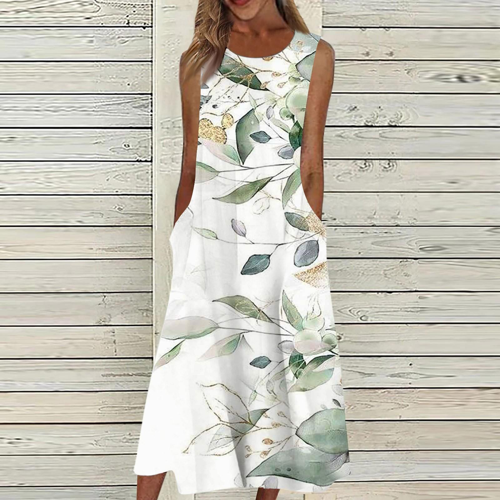 

Жен. Повседневные платья с принтом Круглый вырез Классический Классический На открытом воздухе Повседневные Без рукавов Свободные платья L зелёный