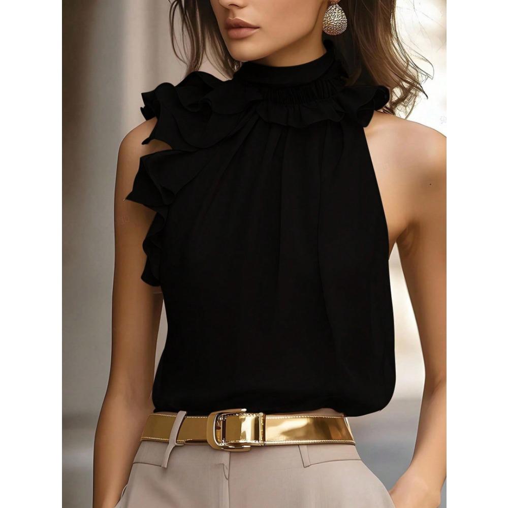 Top alla moda con scollo a petalo e maniche lunghe con spalle scoperte, dal taglio aderente, senza maniche, tinta unita per donna.