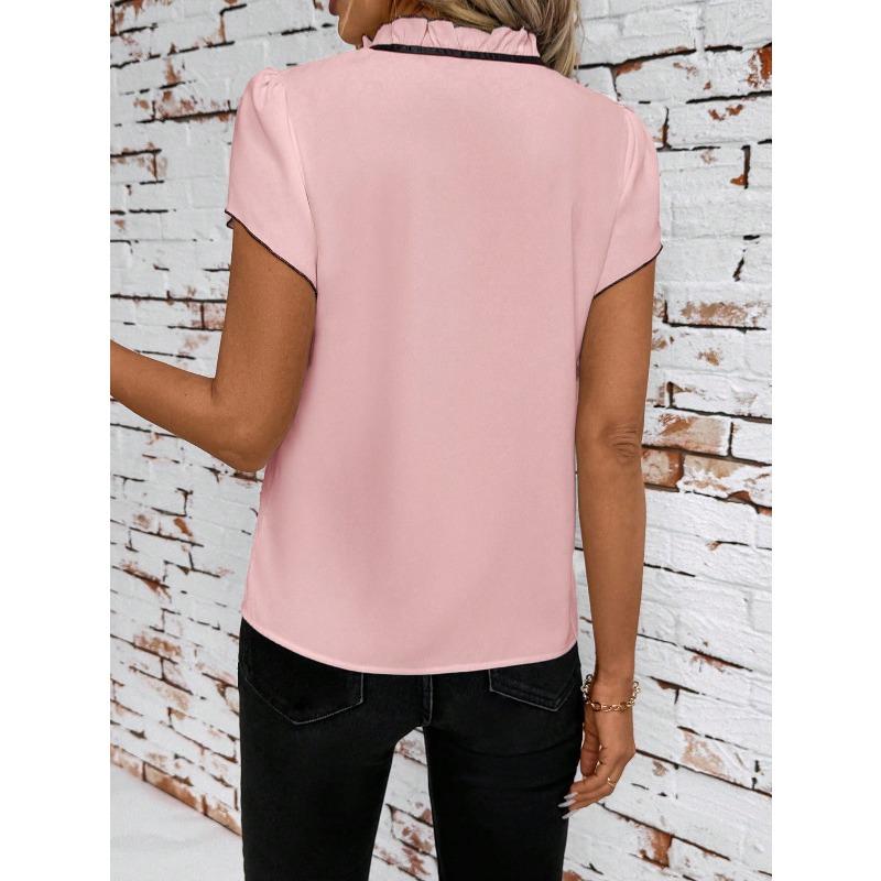 YYFS Women's Fashion Casual Summer Spring Flower Pattern Print Short Sleeve Stand-Neck Blouses & Shirts