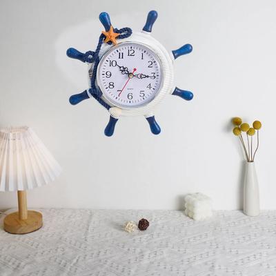Fashion Mediterranean Wall Clock Wooden Silent Nautical Decor Anchor Ship Steering Wheel Fishing Net Clock Bar Farm Home