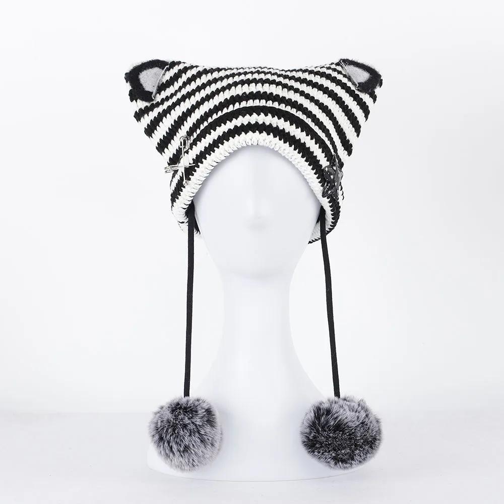 2025 neue Beanie Mütze Ins Kleiner Teufel Gestreifte Strickmütze Herbst und Winter Niedliche Katzenohren Spitz zulaufender Pullover Damenmützen