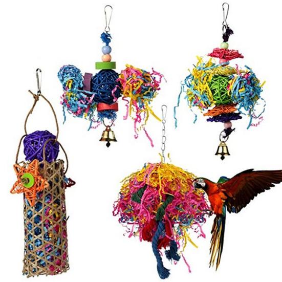 4 Stück Vogel Papagei Glocke Baumwollseil Blöcke Ball Hängender Käfig Dekor Kauspielzeug für Haustiere