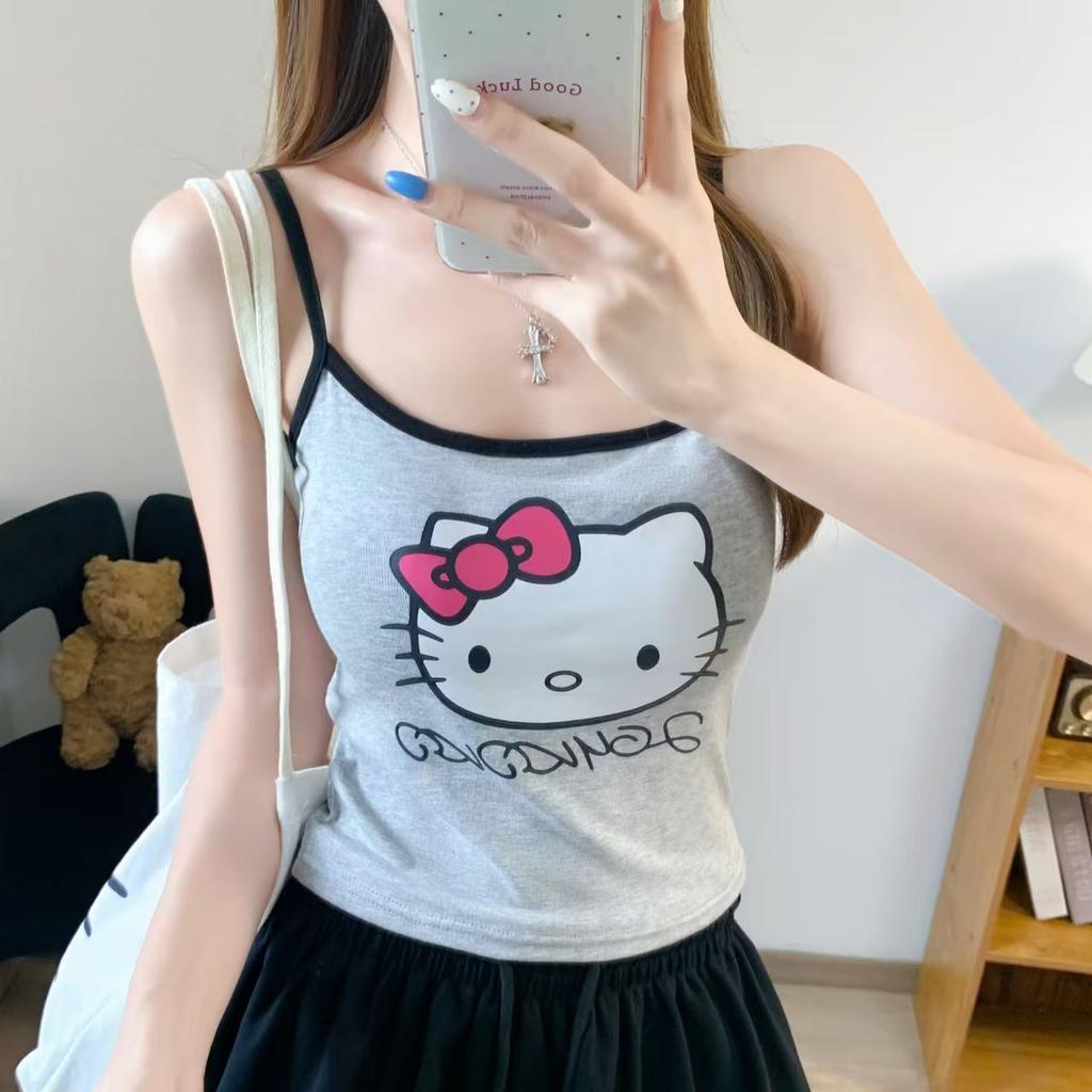 Summer New Sweet and Spicy Style Contrasting Color Edge KT Cat Print Suspender Vest Female Slim Slim and Thin Versatile Top