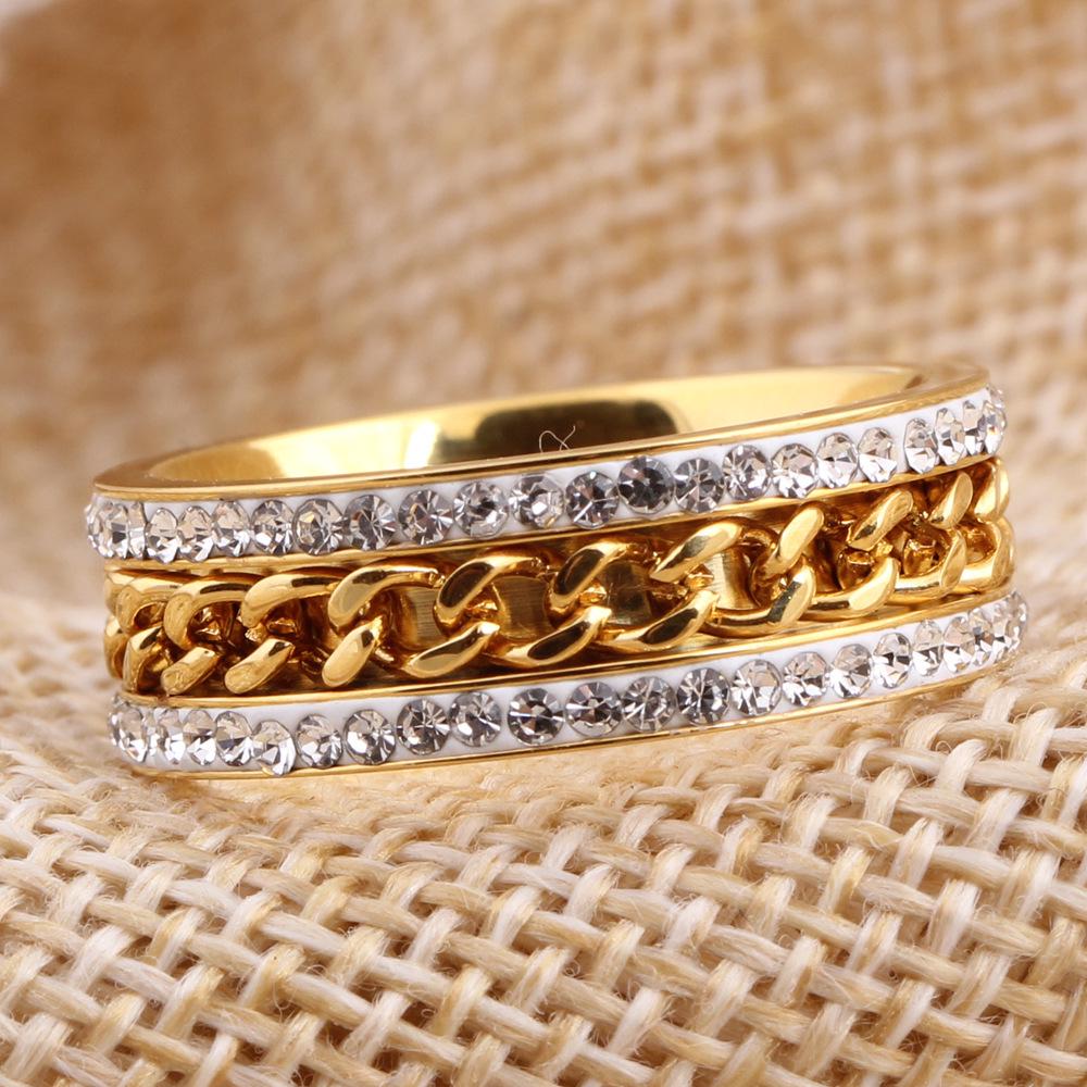 European-American Fashion Gold Twisted Chain Ring with 7MM Dual Diamond Rows in Stainless Steel