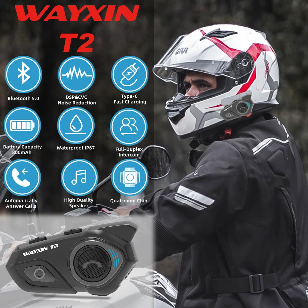 WAYXIN T2 Motorradhelm-Headset für 2 Fahrer Bluetooth Intercom-Kopfhörer Moto Communicator Lautsprecher Interphone Headset Biker