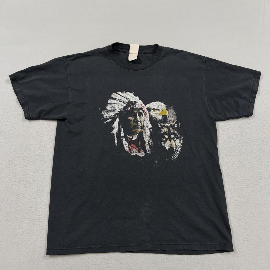 Vintage Tribal Shirt Mens Large Black Native American Wolf Graphic 90s Unisex T-Shirt