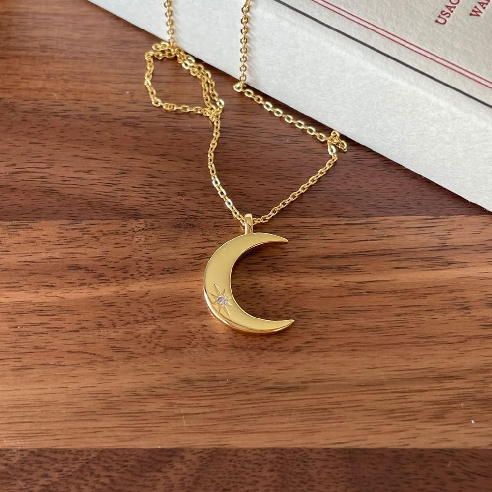 Moon Necklace for Silver Sterling Silver Crescent Moon Clavicle Popular Day Gift [Rockyu] Women, & Gold, 925, Zirconia, Pendant, Cute, Chain,