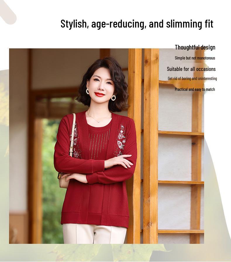 Spring Spliced Knit Blouse for Women Aged 40-60 - Faux Two-Piece Sweater Design