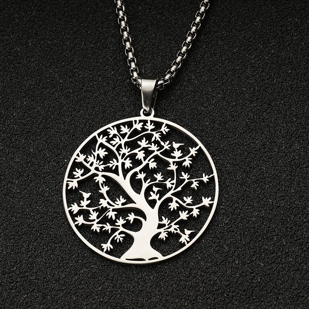 European and American Simple Stainless Steel Hollow Tree of Life Round Brand Pendant Men's and Women's Tide Version Necklace Personalized Jewelry