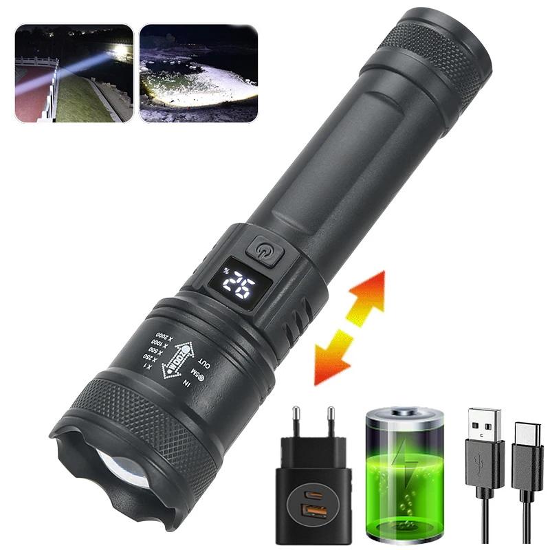 High Power Flashlight Strong Light Long Range LED Flash Light USB Rechargeable Telescopic Zoom Outdoor Camping Riding Lantern