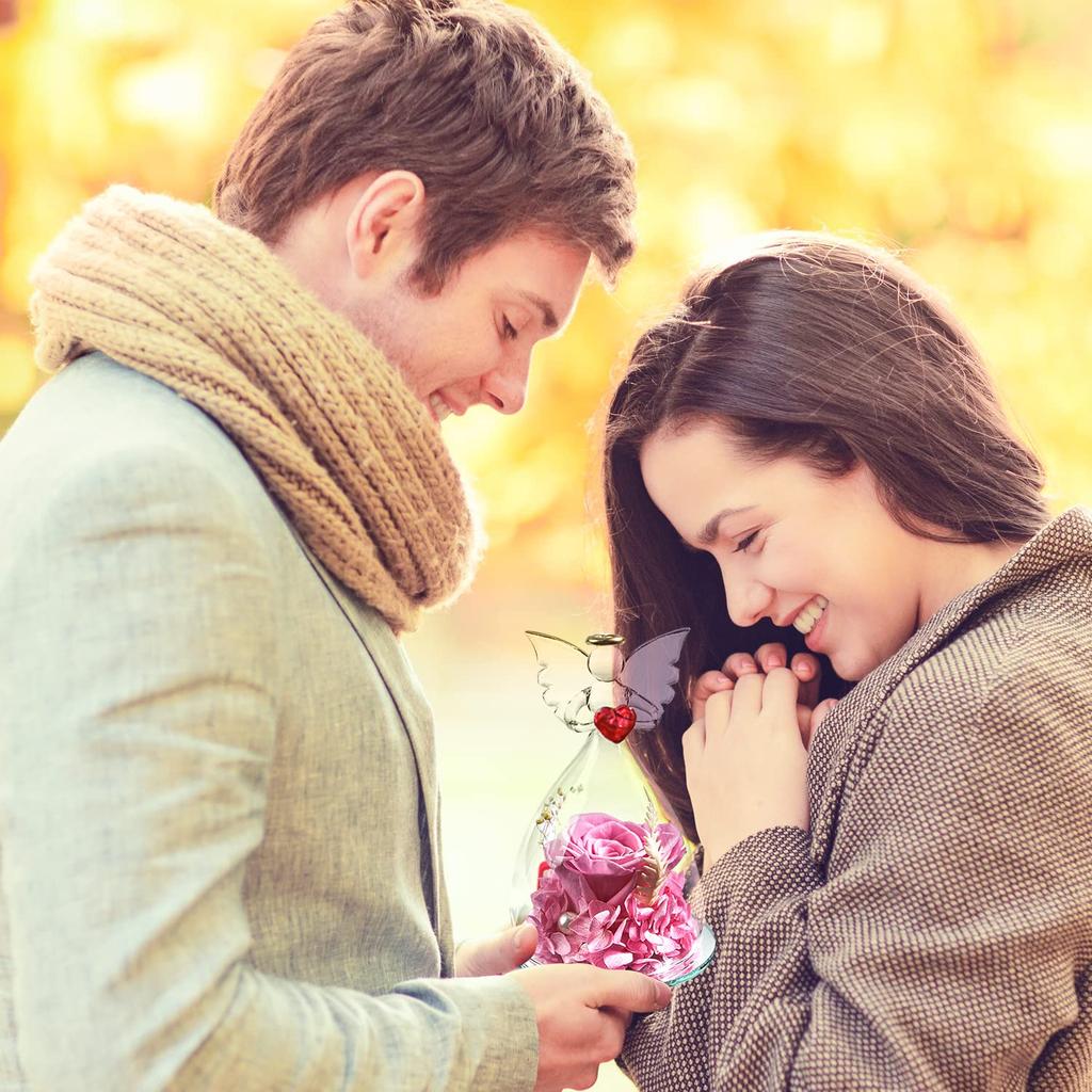 Birthday Angel Memorial Eternal Flower Immortal Rose Mother's Day Valentine's Day Gift Glass Dome Gift (Pink)