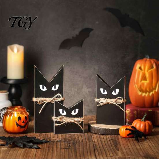 Tabletop Ornament 3 Pcs Halloween Black Cat Wooden Block Sign, Vintage Table Decoration Rustic Farmhouse with Burlap Rope, Tiered Tray Centerpiece for