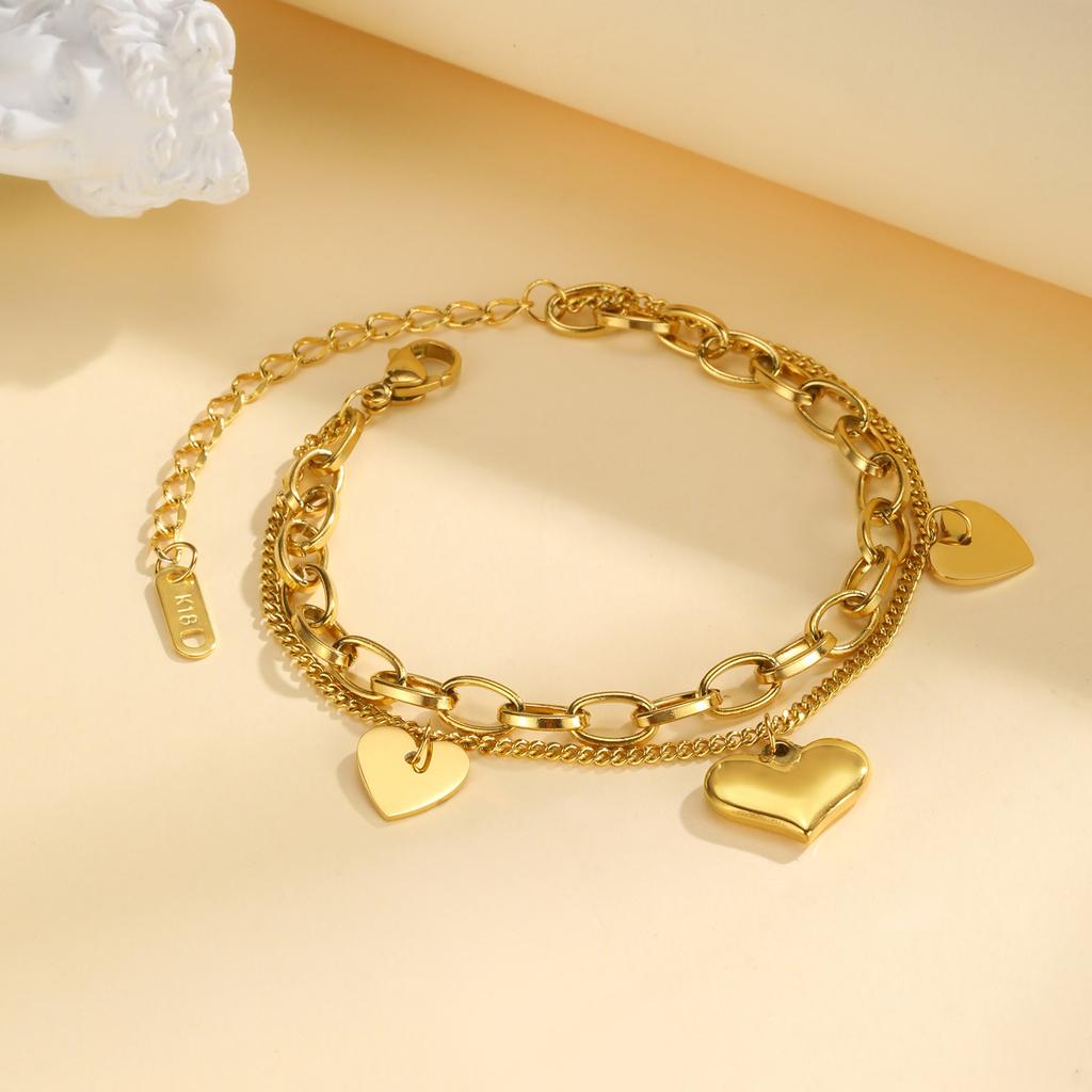 Double Layered Love Charms Heart Link Bracelet Woman, Stainless Steel Cuban Chain Adjustable, Waterproof Jewelry Hypoallergenic