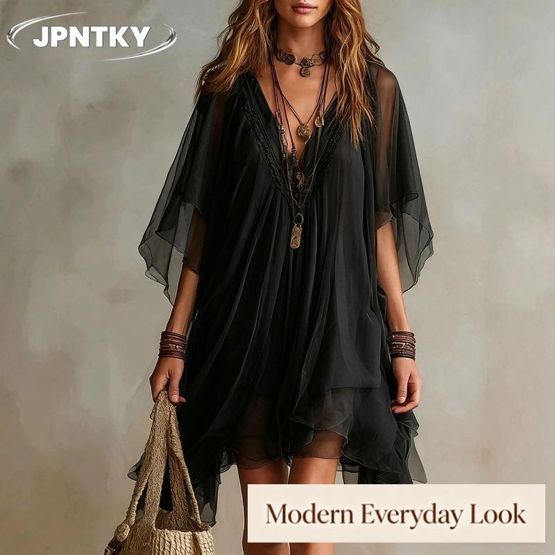 JPNTKY Fashion Summer Spring Solid Color Print Short Sleeve V-Neck Casual Dresses