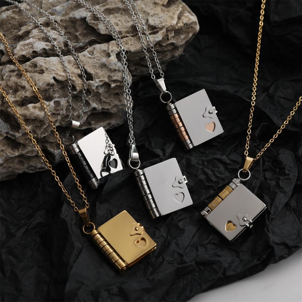 Stainless Steel Couple Book Pendant Necklace with Personalized Ins Titanium Steel Heart Opening and Closing Book Sweater Chain