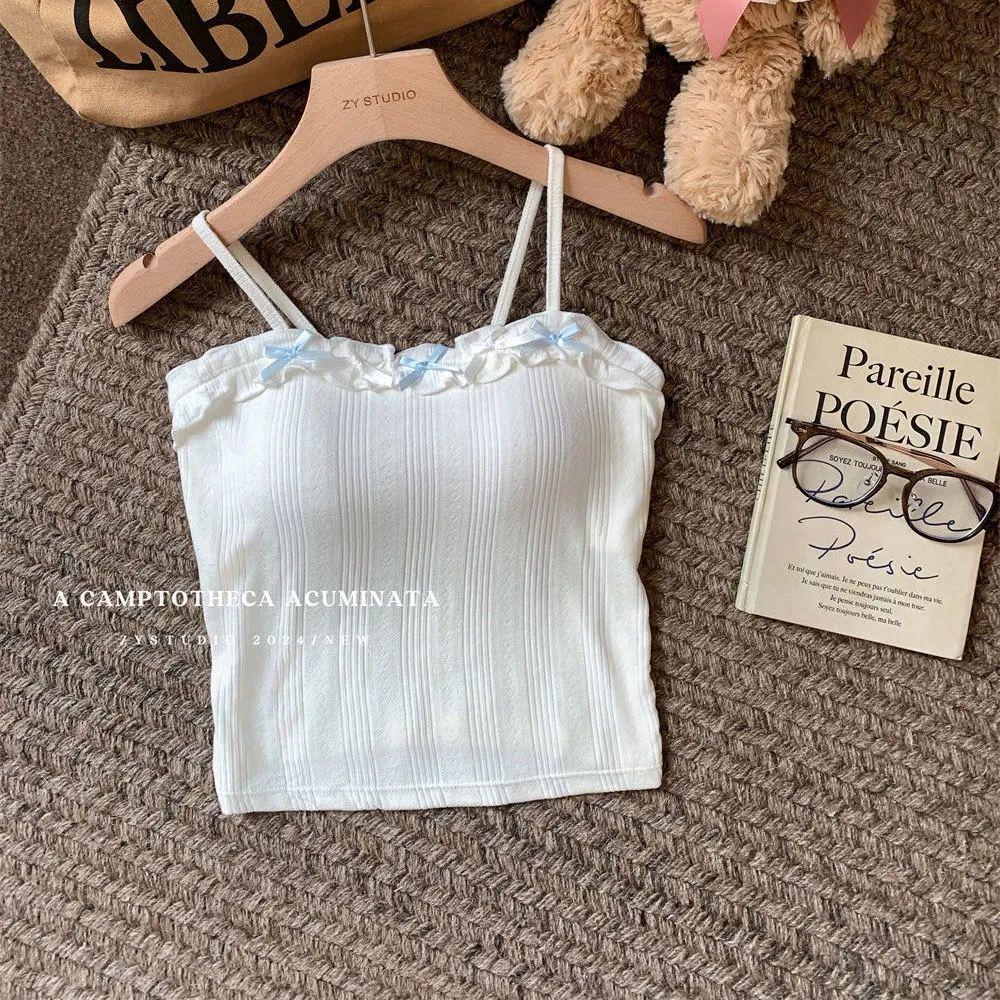 Korean Style Bowknot Patchwork Camisole with Chest Pads - Women's Summer Spicy Girl Lingerie