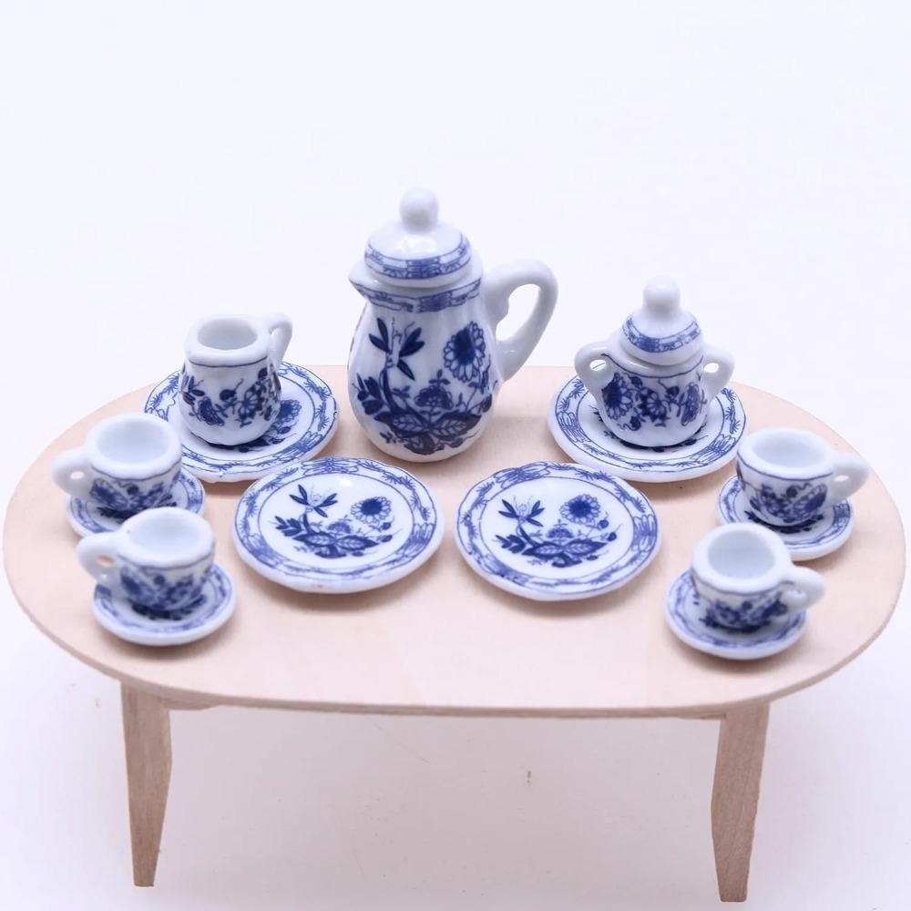 Ceramic Mini Tea Set Dollhouse Porcelain Tea Cup Playset Dollhouse Play Toy For Kids Miniature Food Dishes Cups  Plates Gift