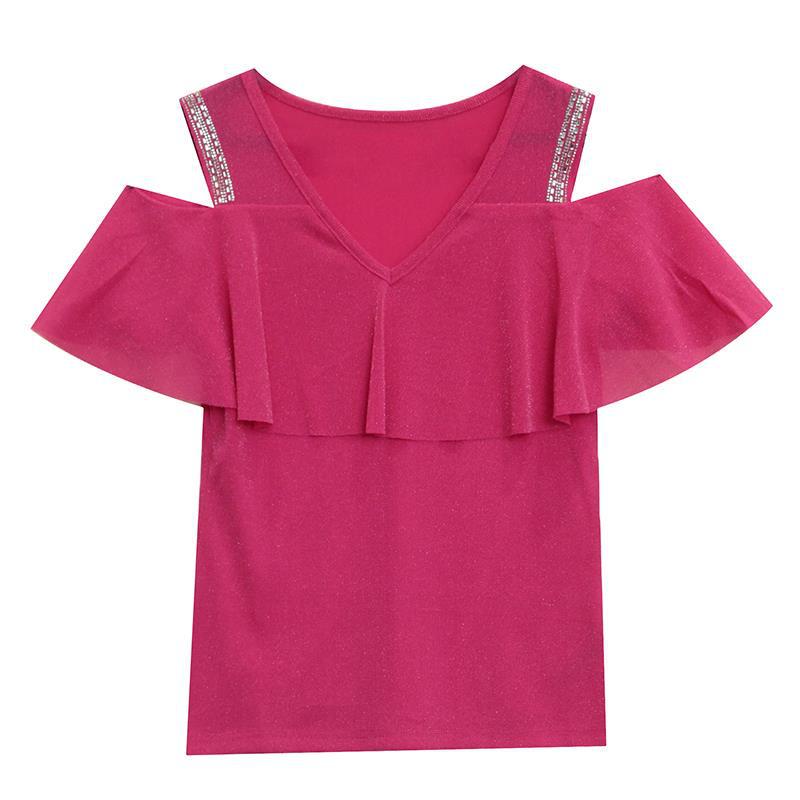 2024 Chic Off-Shoulder Diamond Accent Lotus Sleeve T-Shirt