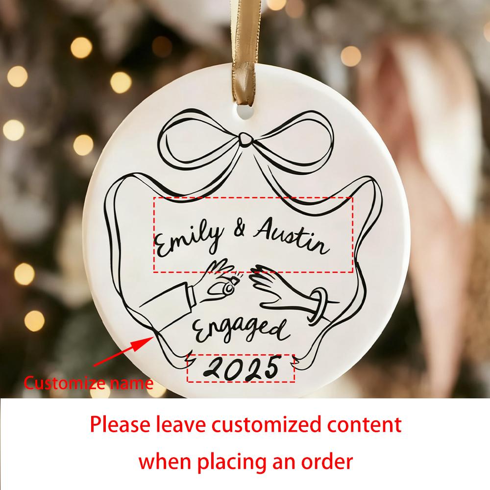 Personalised First Christmas Engaged Ceramic Ornament Engagement Gift for Couples Keepsake Gift Xmas Tree Decor Photo Prop