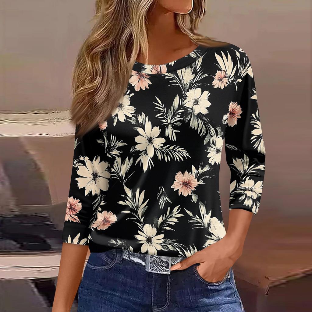 Women's Three-Quarter Sleeve Shirt, Round Neck, Loose Fit, Casual Shirt, Floral Print T-Shirt, Summer