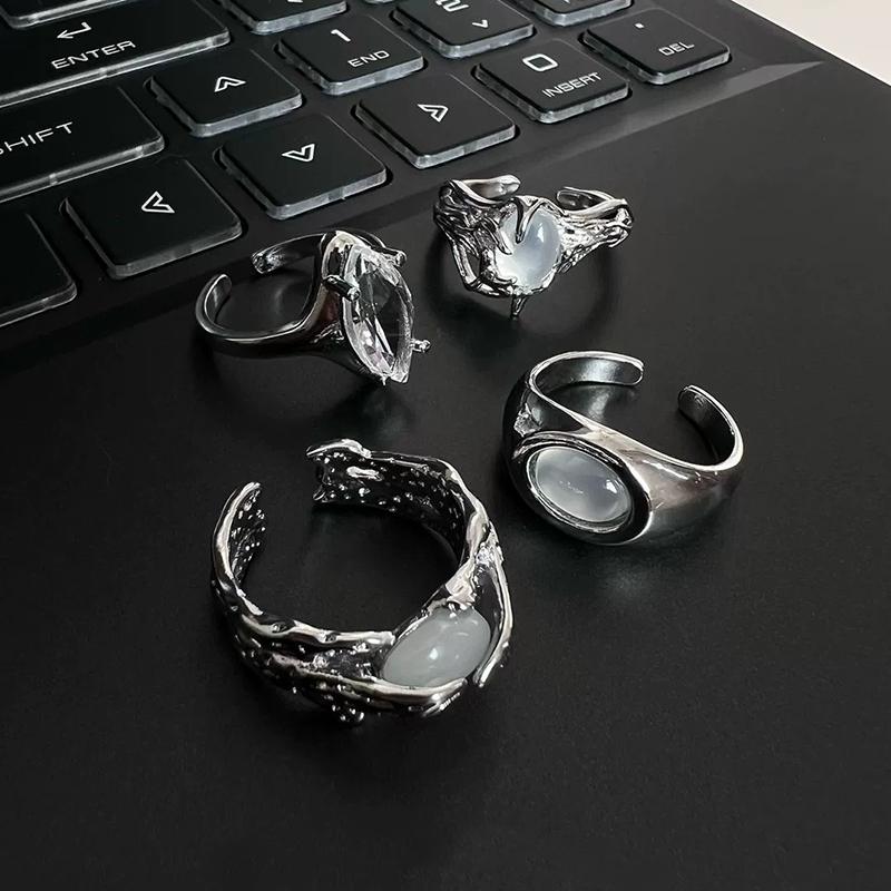 Punk Moonstone Irregular Geometric Statement Ring Unisex Open Adjustable Jewelry Fashion Accessory Trendy Band Party Gift