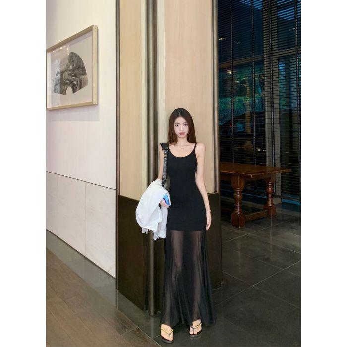 [] Human Cotton Splicing Mesh Splicing Suspender Dress Slim-fitting Long Skirt Waist-wrapped Hip A-word Skirt