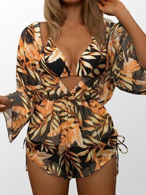 New long-sleeved three-piece mesh waist drawstring printed split bikini swimsuit