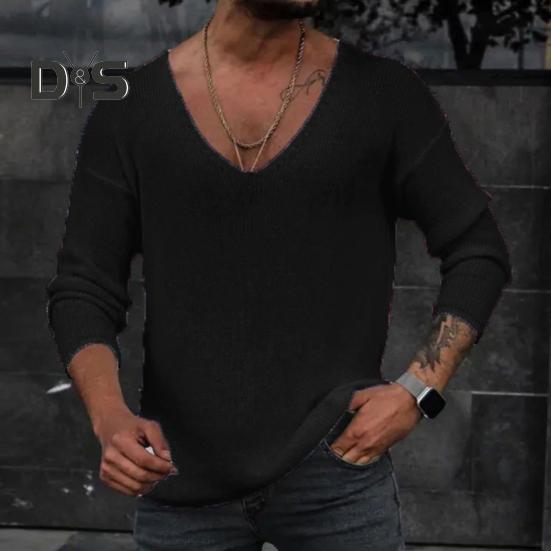 Men Spring Autumn V Neck Long Sleeve Sweater Loose Fit Solid Color Bottoming Pullover Tops Simple Casual Knitting Tee Tops
