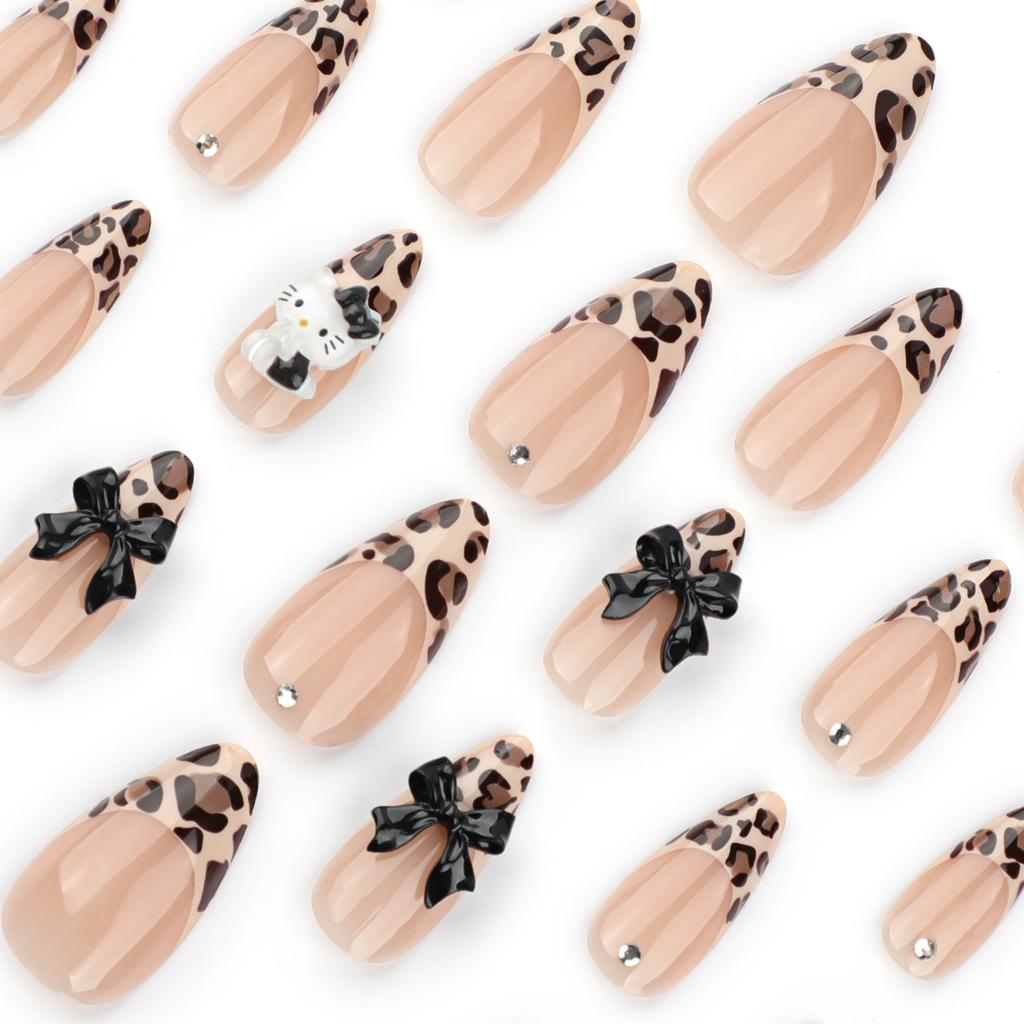 24pcs  Leopard Print Wear Armor Three-dimensional Point Diamond Bow Nail Art Fake Nail Nails