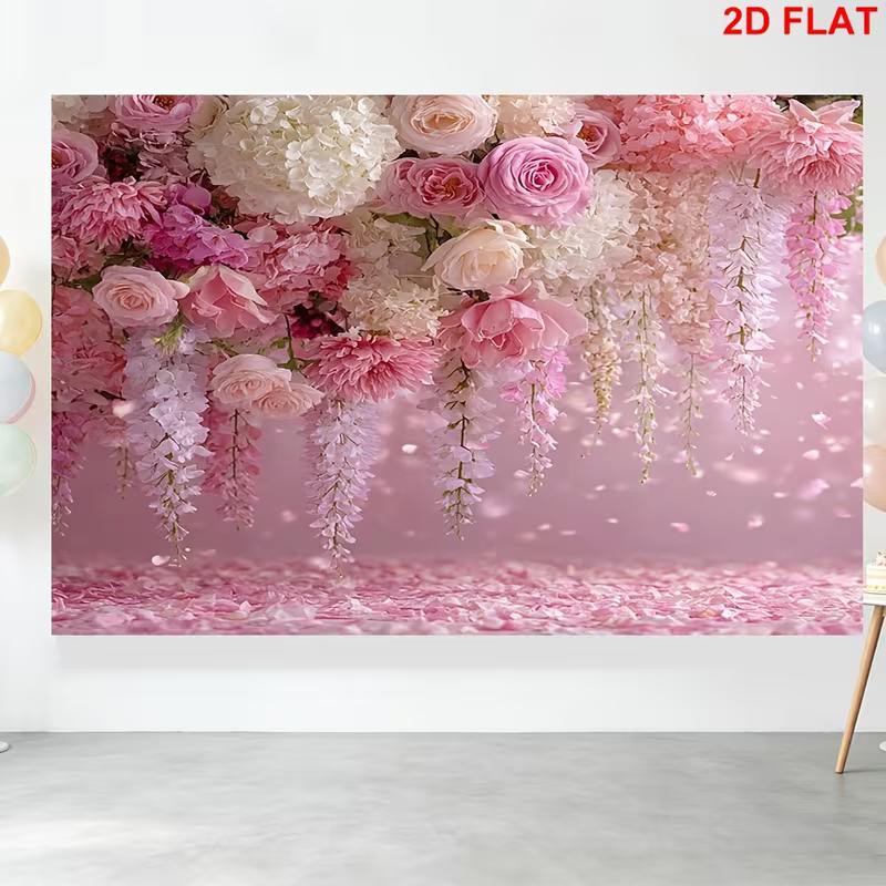 2D Soft Pink Hydrangea & Rose Background Cloth for Wedding & Bridal Events Photo Booth Prop