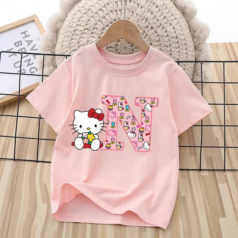 2026 Summer New Trendy Cool Children's T-shirt Katie Cat Letter Printed Pure Cotton Round Neck Parent Child Wear Unisex