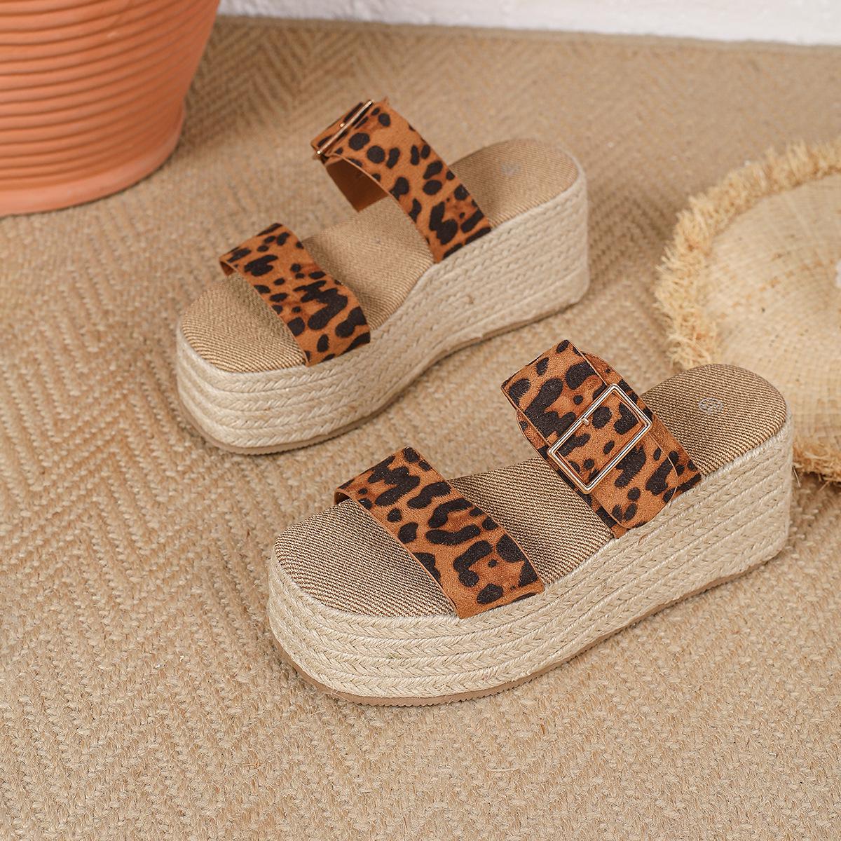 Cross2026 Summer Leopard Print Wedge Sandals - Women s Plus Size Elastic Slip-On 38