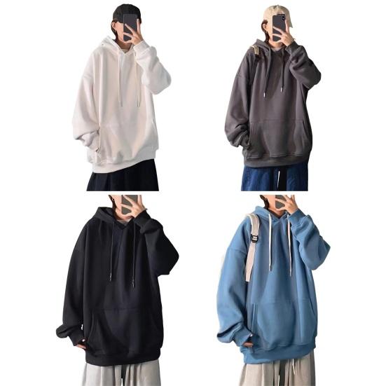 Yousheng Men Fall Winter Hoodie with Big Front Pocket Solid Color Drawstring Long Sleeves Hooded Elastic Cuff And Hem Thin Daily Wear Casual Sport Top