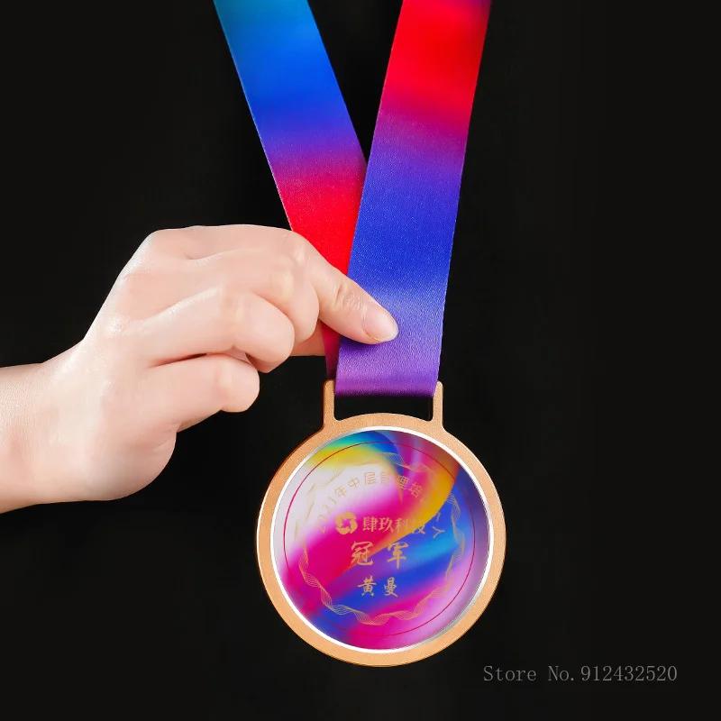 Custom Color Printing Transparent Medal, Gold, Silver, Bronze, Sports Awards, Marathon Red Box Packaging, Crystal Lettering, 1Pc