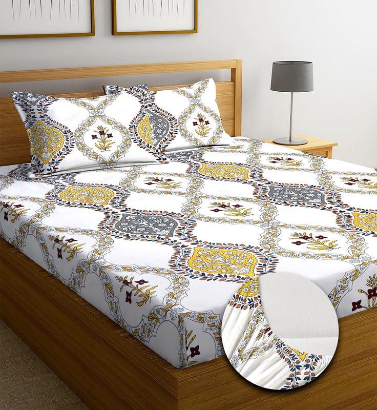 Premium Cotton Elastic Fitted Bedsheets  | Size: Bedsheet - 198.12CM x 182.88CM + 25.4CM (Drop) Pillow Cover -  46 cm x 68 cm