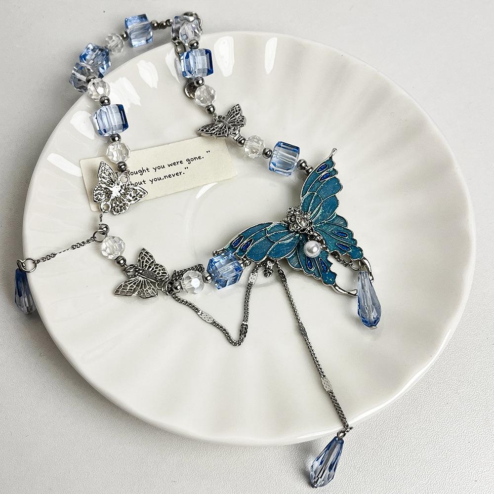 Girl's Green Butterfly Necklace with Imitation Crystal Beads, Tassel Collarbone Chain, Exquisite and Fashionable Necklace, Girl's Gift