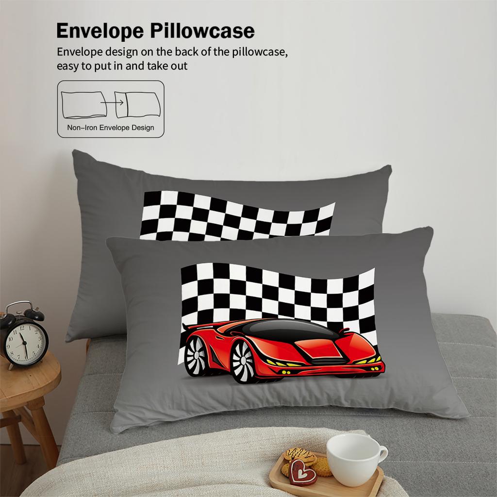 3-teiliger Daunenbettbezug mit Cartoon-Rennmusterdruck (1 Bettbezug+2 Kissenbezüge, ohne Füllung) Bettwäsche-Set