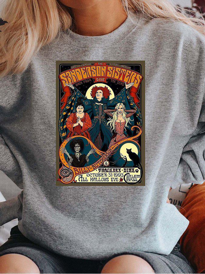 European Halloween Witch Sisters Pattern Women's Sweatshirt, Round Neck