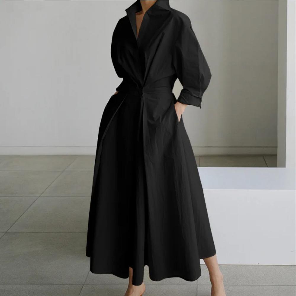 Elegant Women Spring Sundress Lapel Neck Long Sleeve Black Dress Solid Long Shirt Dress OL Vestidos Robe Streetwear